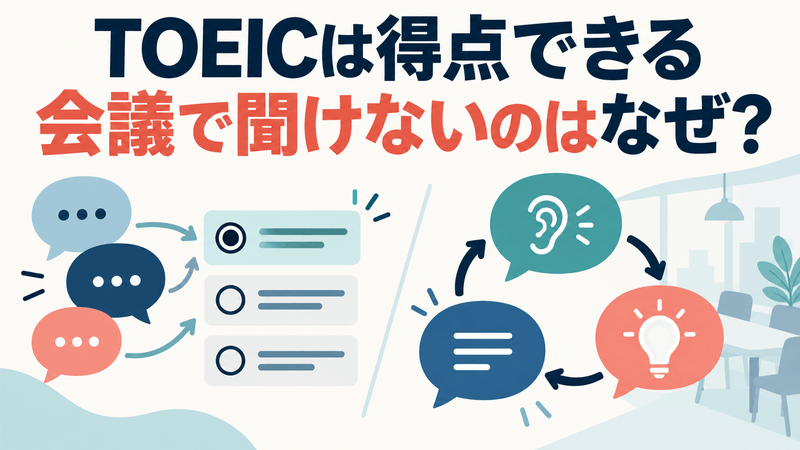 TOEICで答えを選ぶ場面と会議で聞いて確認し返答する場面を対比したアイキャッチ
