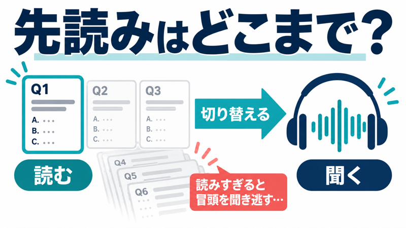 三つの設問から読む範囲を決め、音声開始で耳へ切り替える図