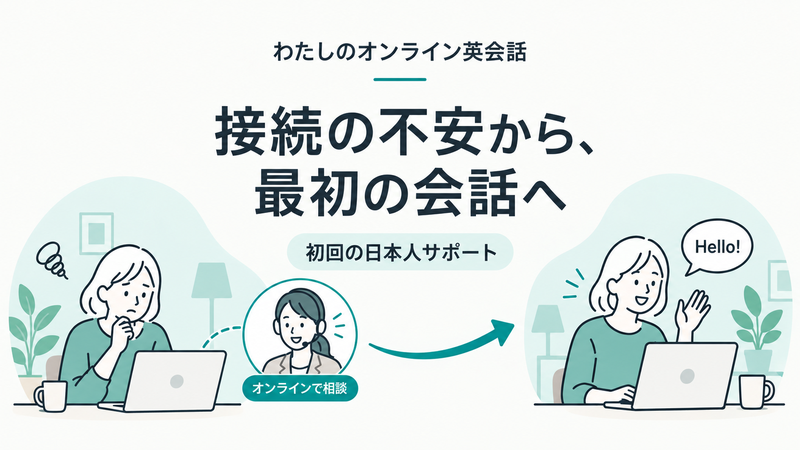 わたしのオンライン英会話の初回日本人サポートと初心者のオンライン受講イメージ